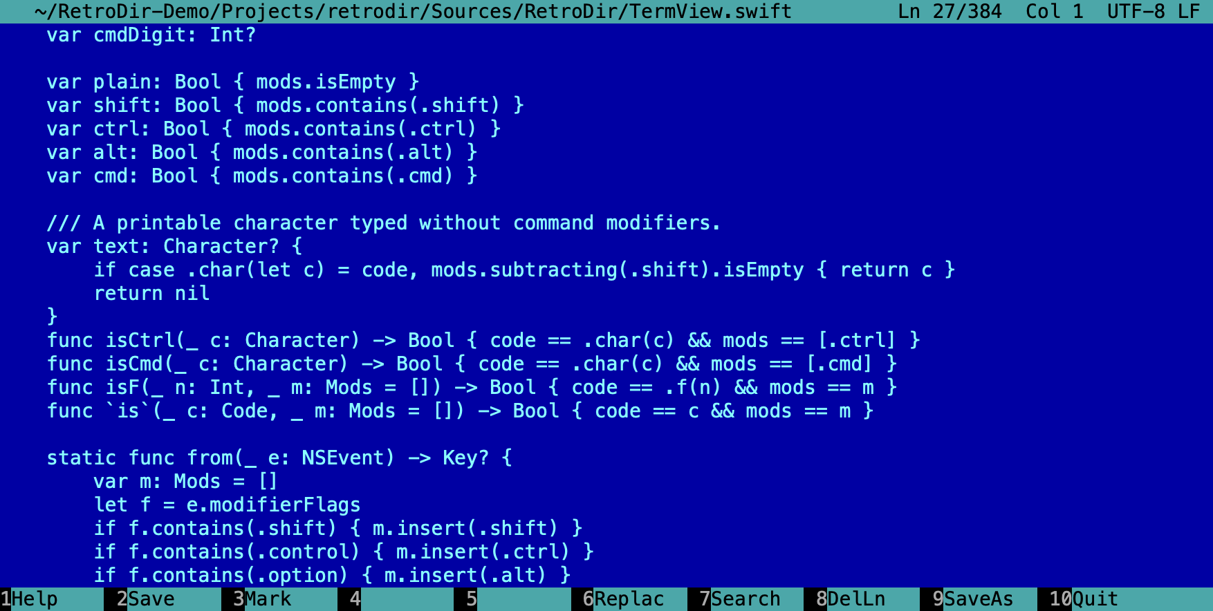 The built-in editor with Swift source code