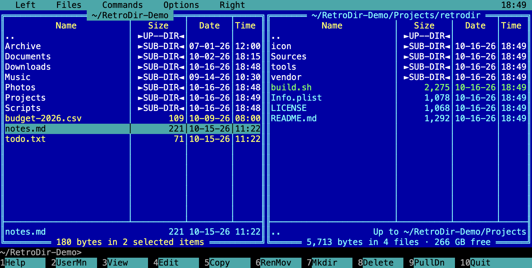 RetroDir main window: two blue panels side by side listing files, a menu bar on top and a function-key bar at the bottom