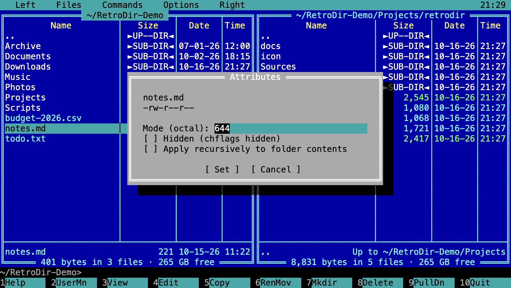 The Attributes dialog with octal mode 644