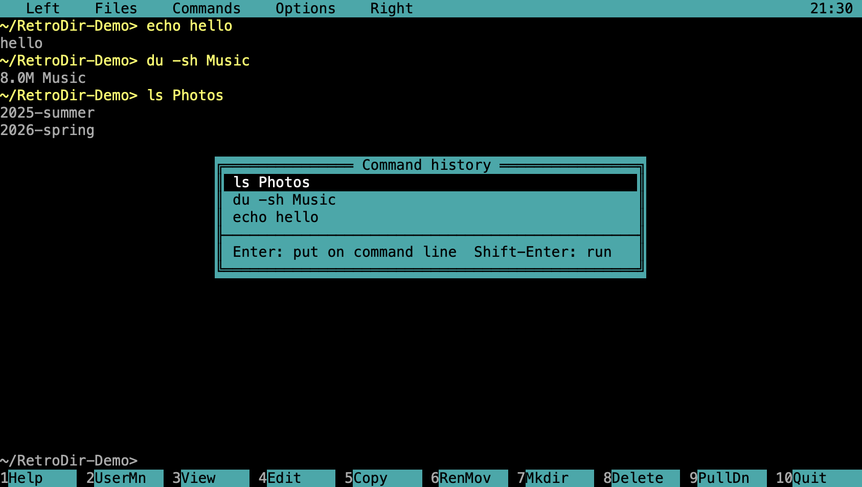 The Command history list over the console