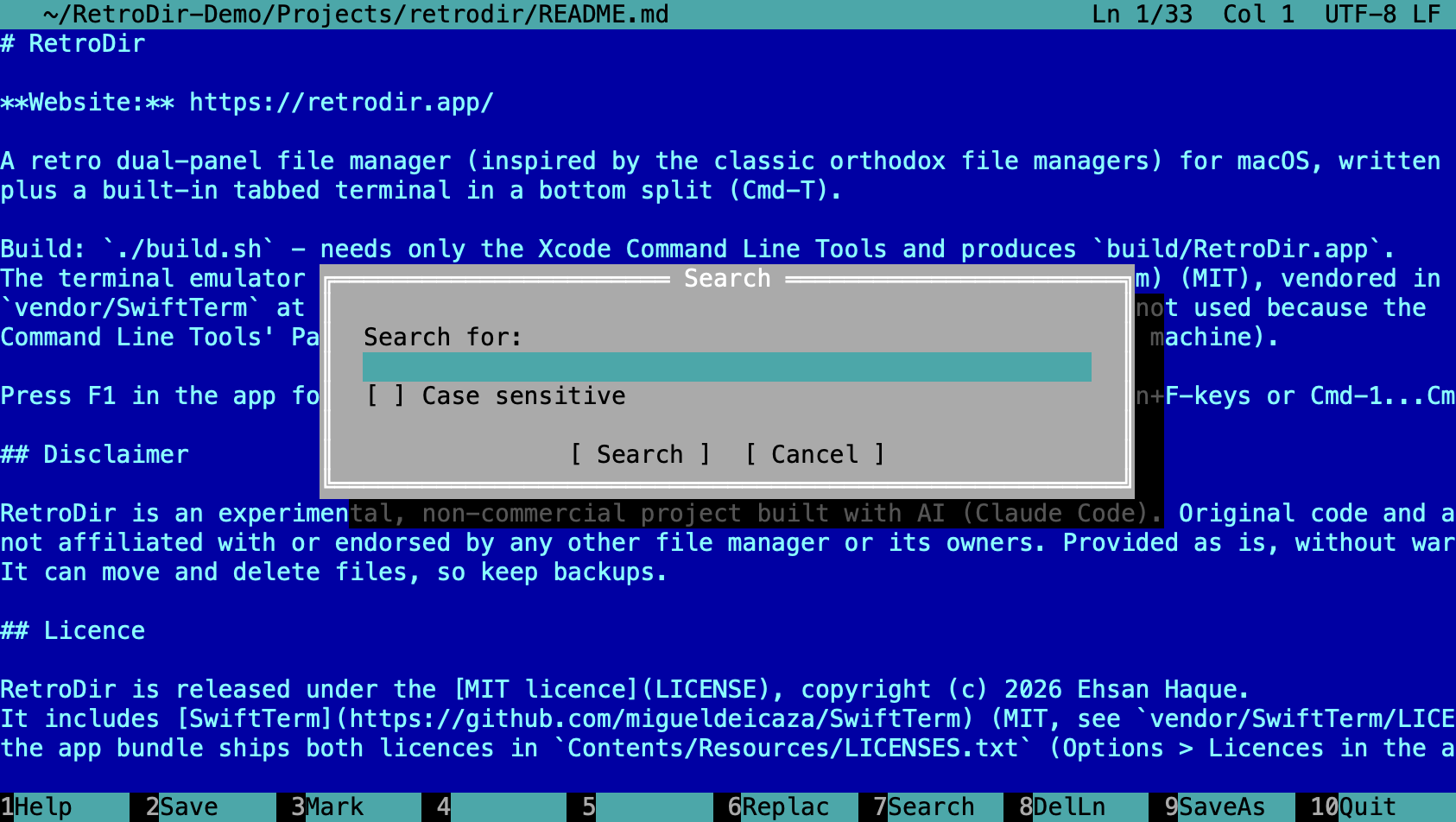 The editor's Search dialog