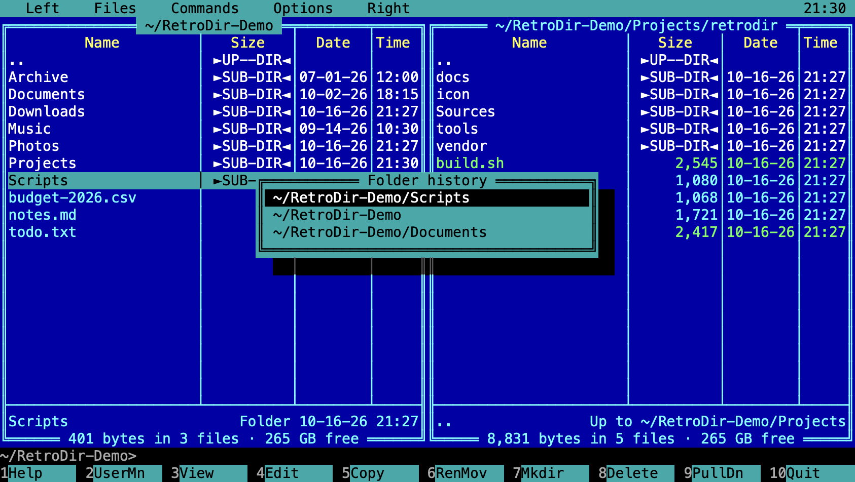 The Folder history list