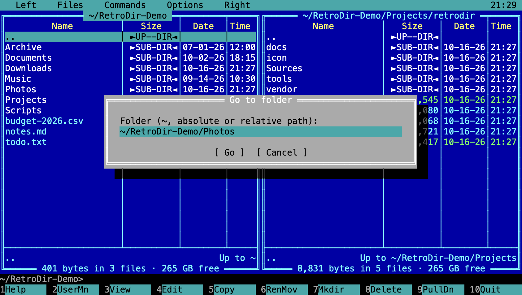 The Go to folder dialog with a path typed in