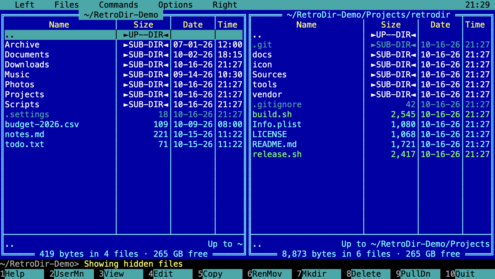 Panels showing hidden files such as .settings, .git and .gitignore