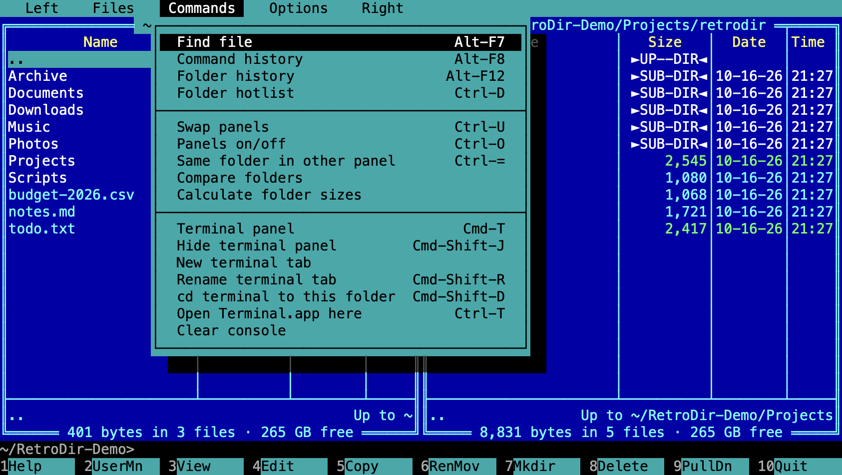 The Commands menu