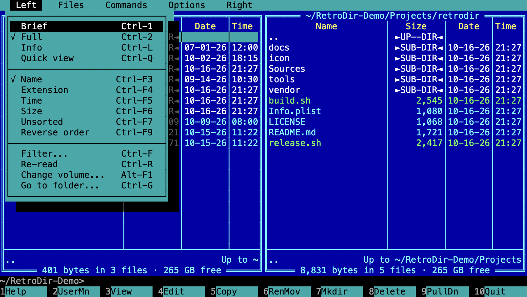 The Left panel menu with view, sort and filter options