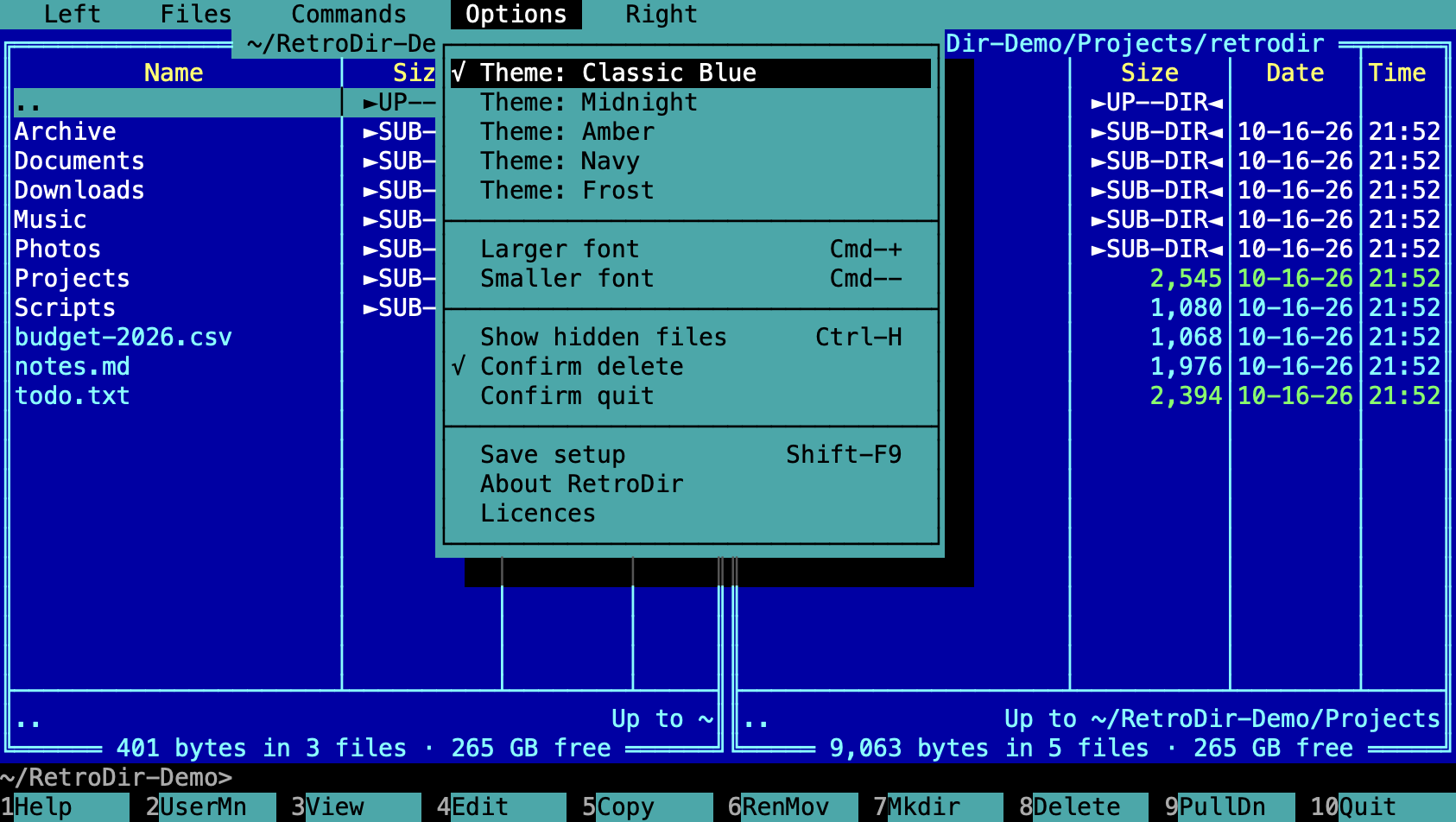 The Options menu with five themes and settings