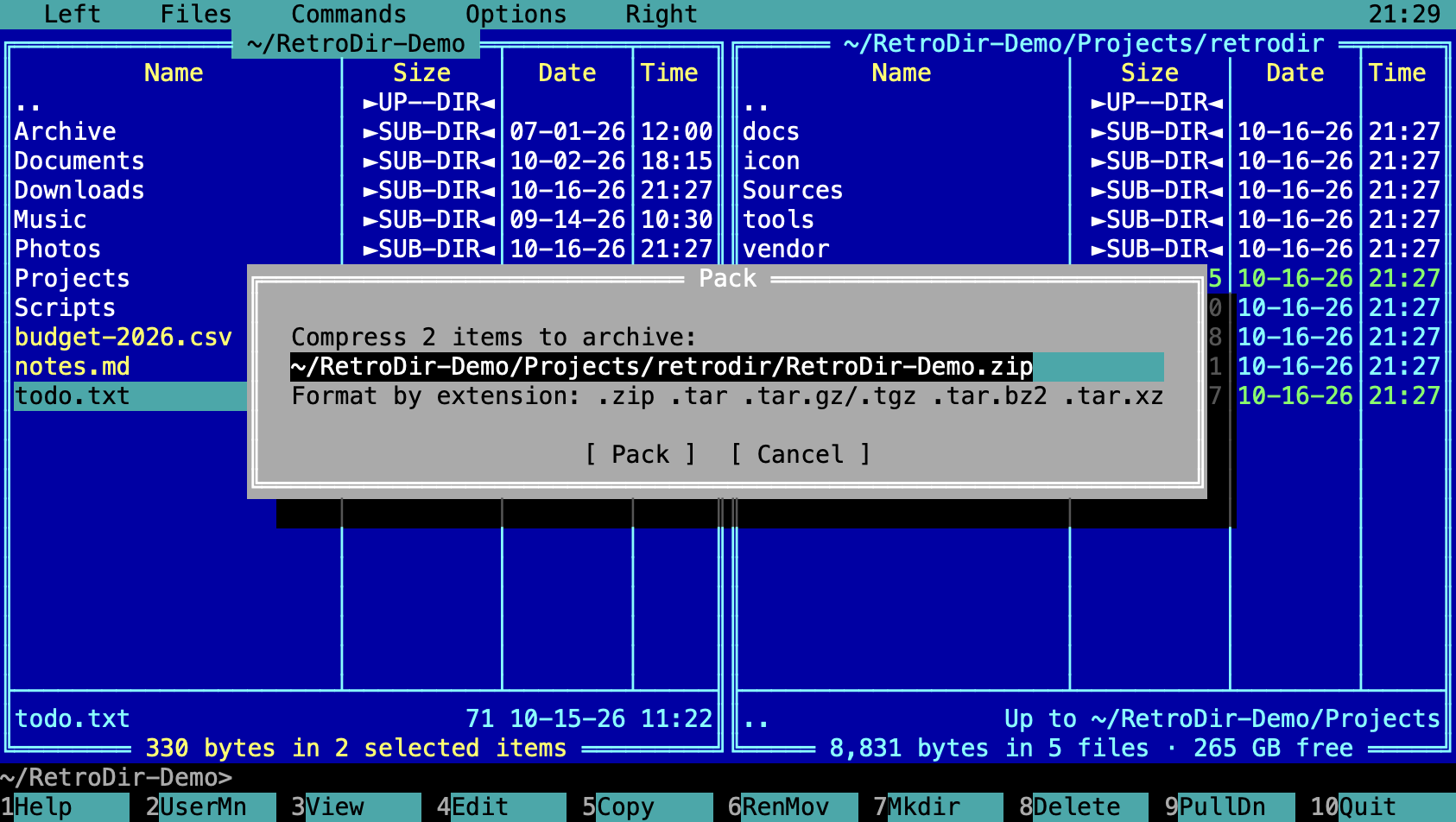 The Pack dialog