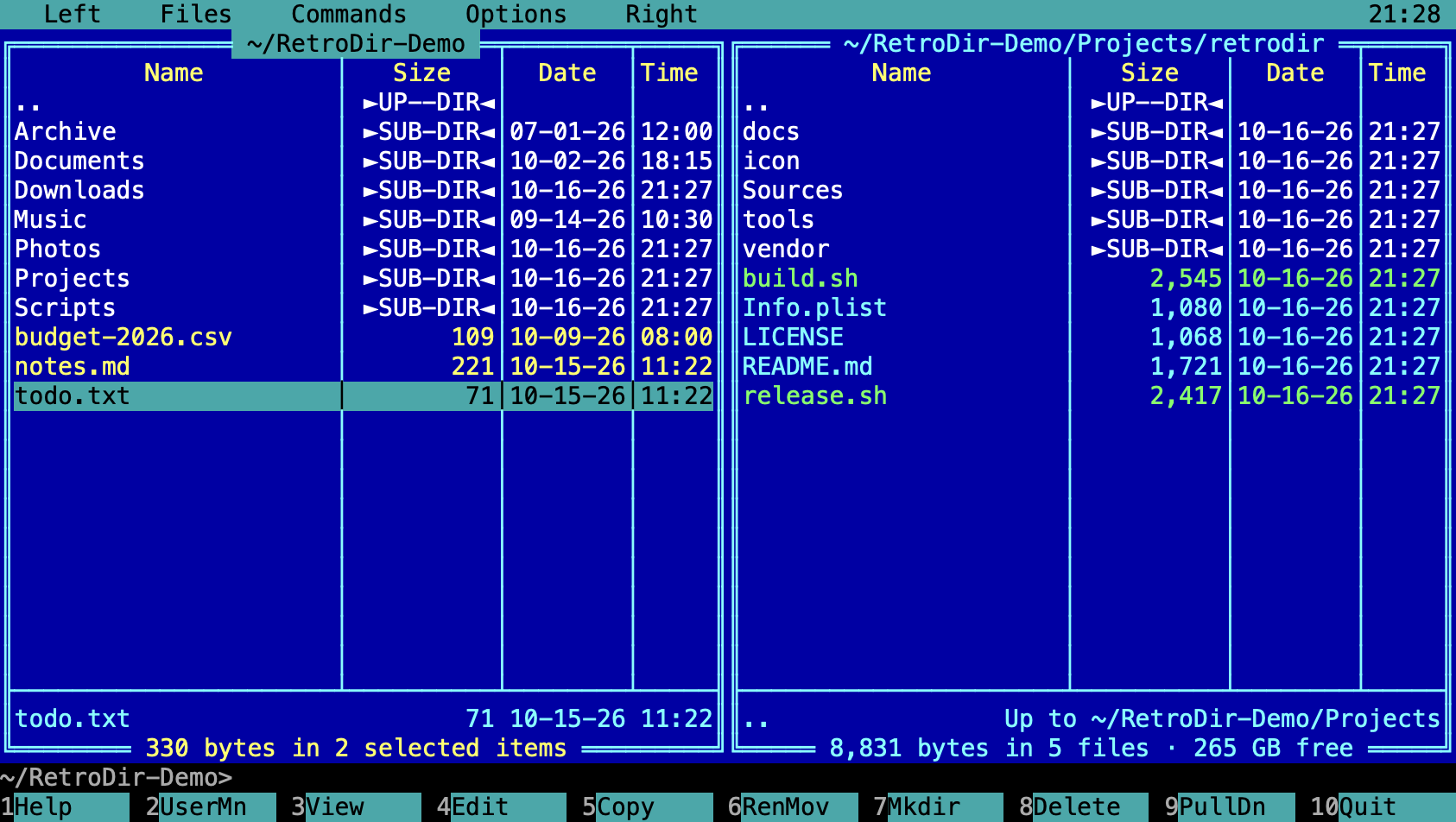 The main window: menu bar, two file panels, command line and function-key bar