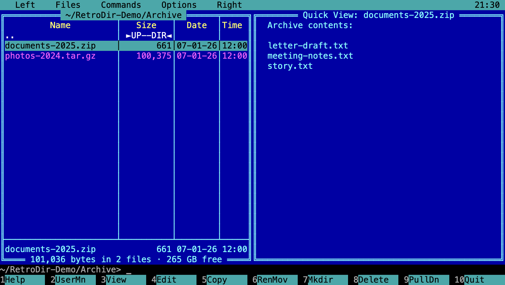 Quick View listing the contents of a zip archive