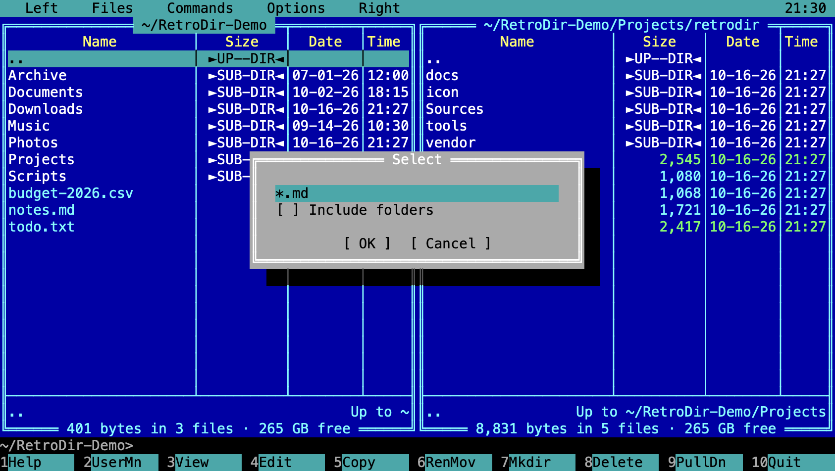 The Select dialog with the mask *.md