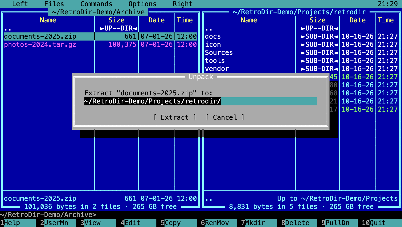 The Unpack dialog