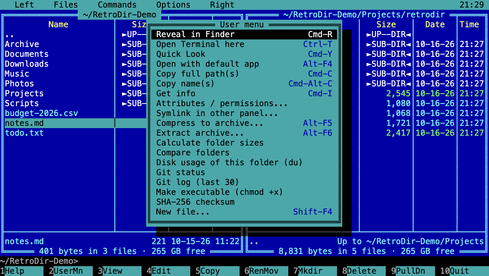 The User menu