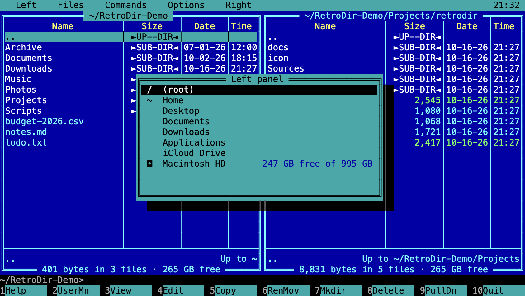 The volume and places chooser for the left panel