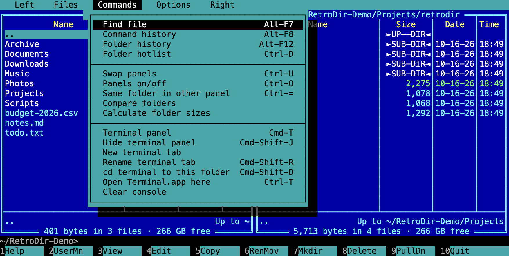 The Commands pull-down menu open over the panels