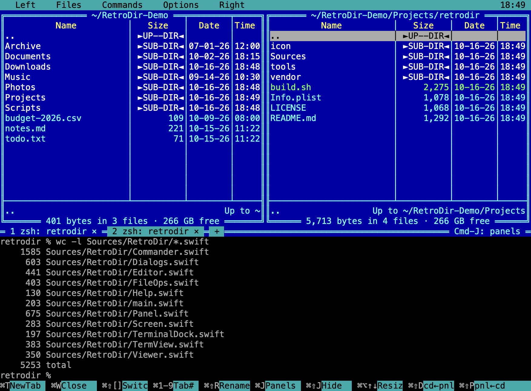 Two file panels above a full-width terminal with two tabs, showing git log and a line count